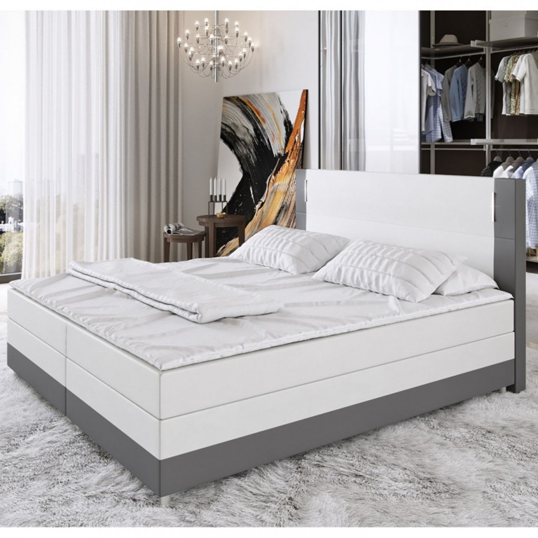Postel Box Spring Denver s LED osvětlením 180 x 200 cm | bílá / šedá